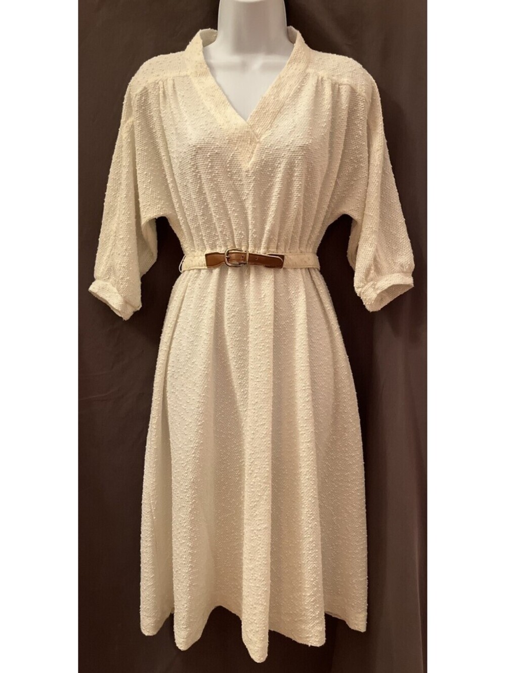 VTG 70s Cream Boucle V Neck Belted Day Dress SZ S